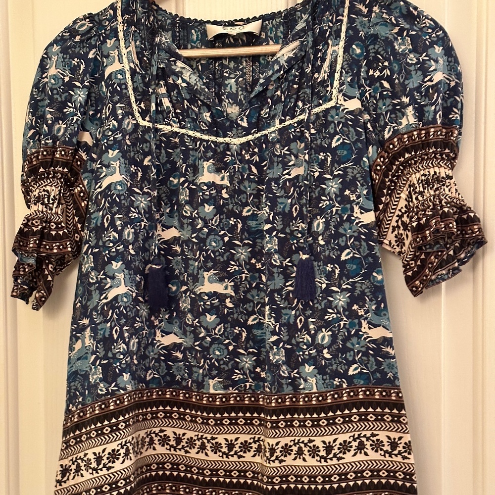 Sea New York Blue with Lace Detail Silk Blouse